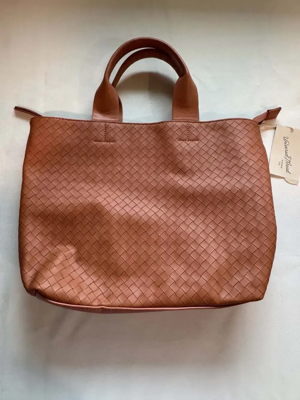 Woven Faux Leather Convertible Tote Satchel Crossbody Cognac Brown NWT